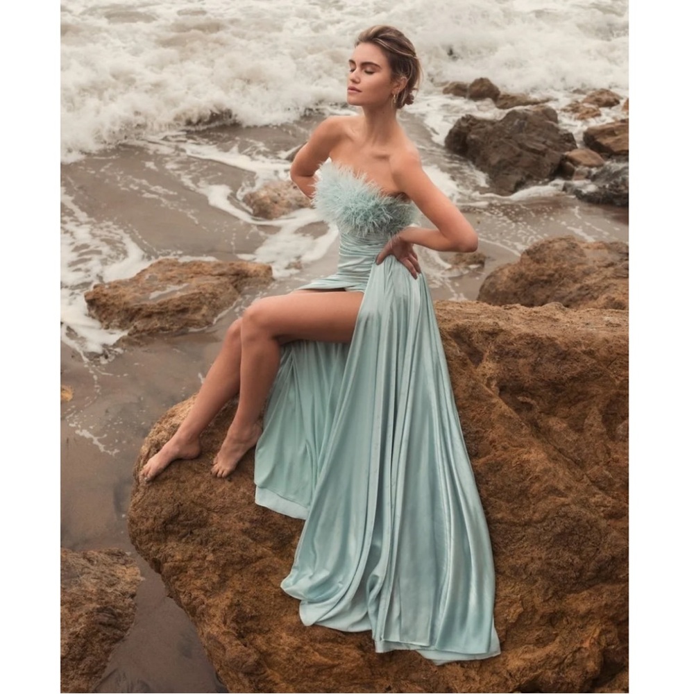 Mac Duggal Strapless Feather Detail Satin Gown
